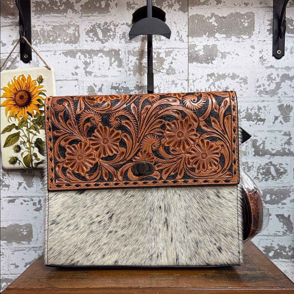 Tooled Leather & Haircalf Shoulder Bag — Tan/Black